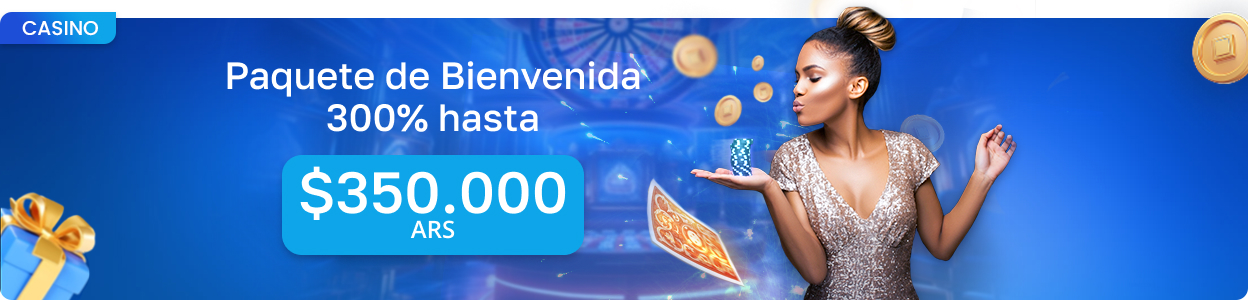 Banner de casino con paquete de bienvenida del 300% hasta 350.000 ARS
