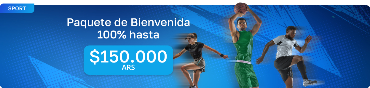 Banner deportivo con paquete de bienvenida del 100% hasta 150.000 ARS